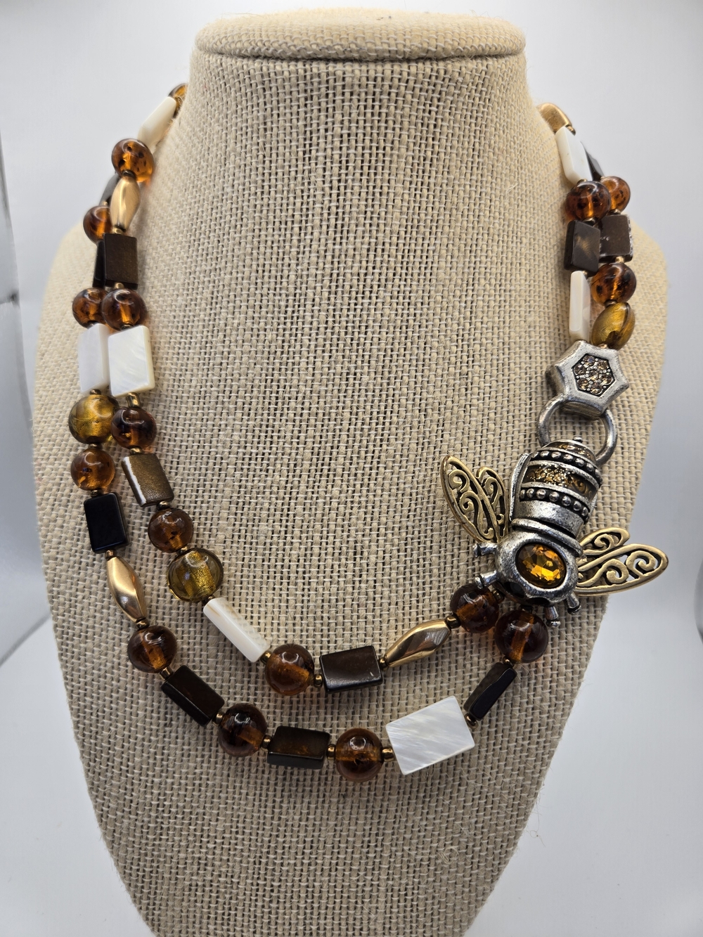 Chico's Bee Clasp Multi-Strand Necklace Amber and White Beads Summer Fun Nature